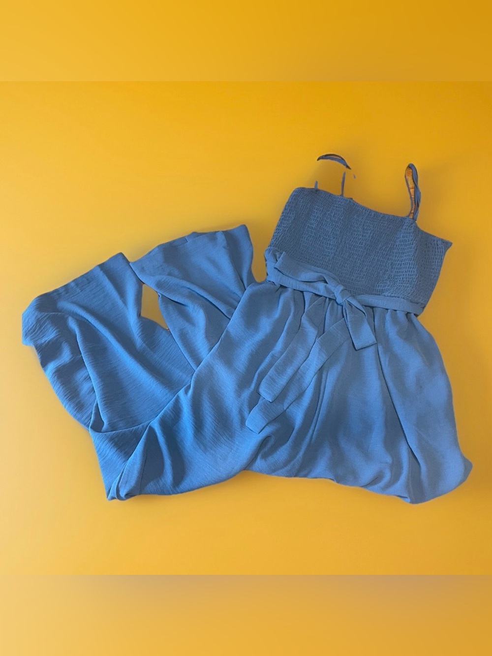 Women's Berry Bliss Blue Smocked Bodice Wide Leg Jumpsuit Size XL Tie Waist